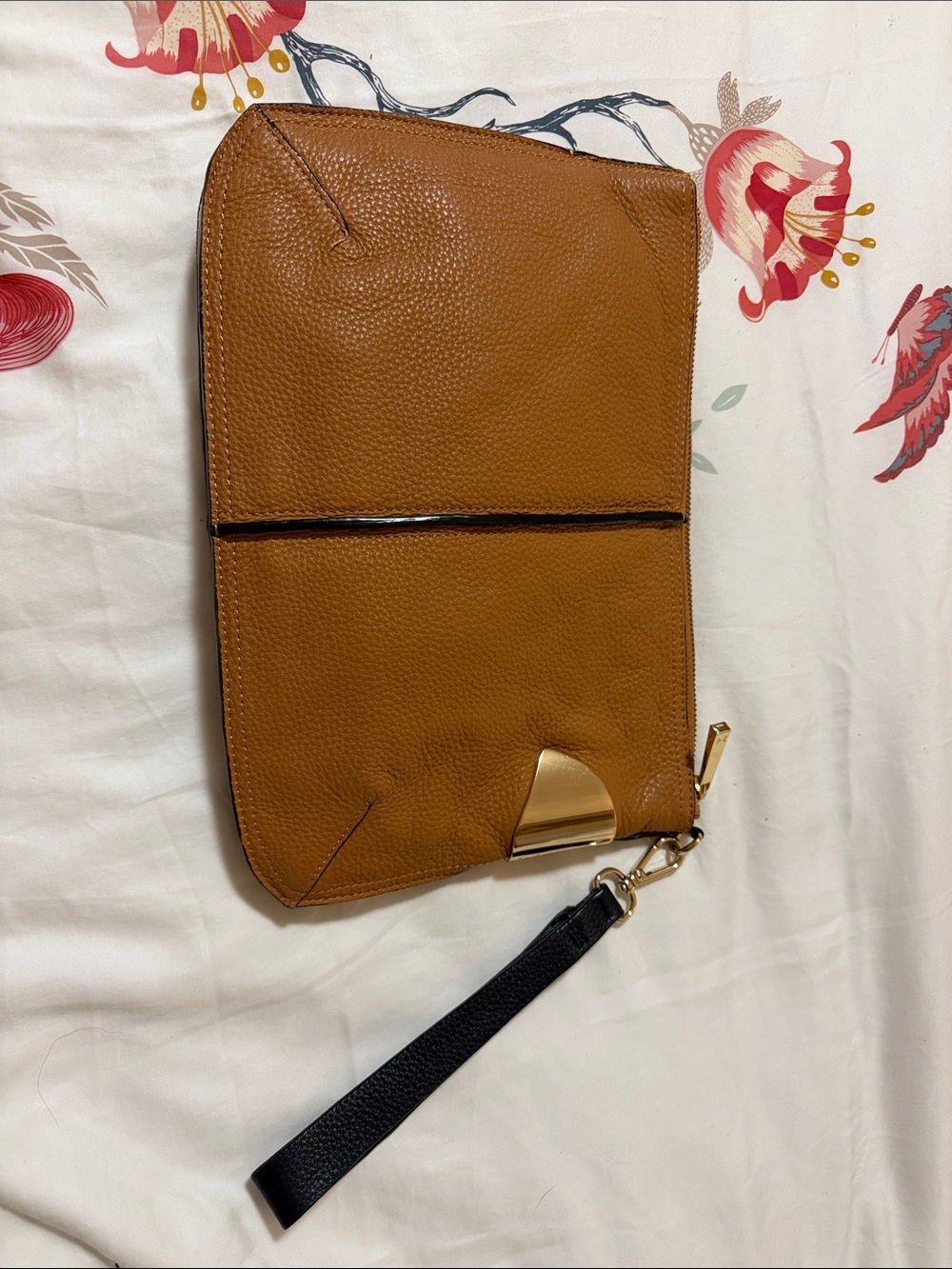 Halston Heritage Tan Leather Wristlet Clutch with Black Strap & Gold Hardware